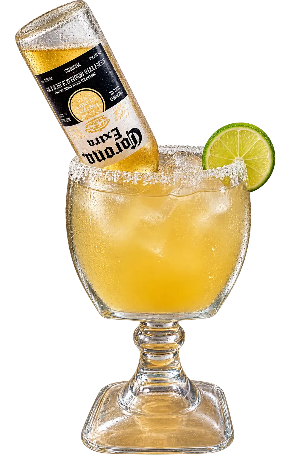 Bebida con cerveza Corona invertida y rodaja de limón, servida en copa